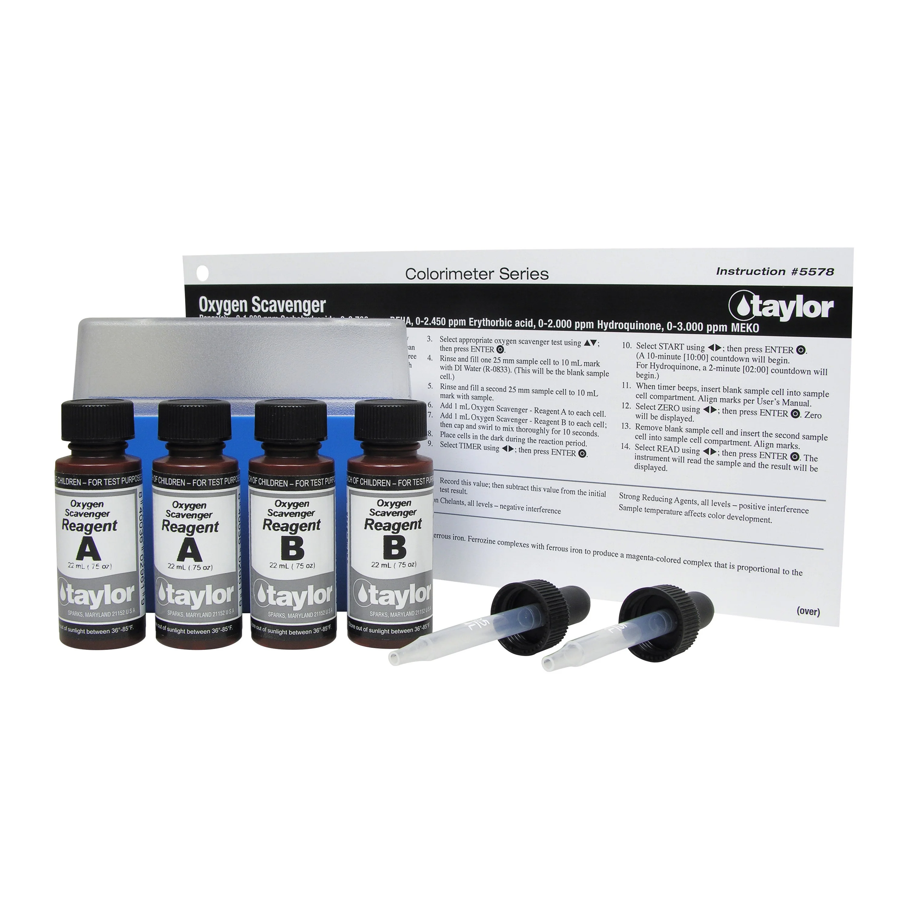Colorimeter Reagent Pack, Oxygen Scavenger, 0-1.000, 0-0.700, 0-2.450, 0-2.000, 0-3.000 ppm, <1 year shelf life