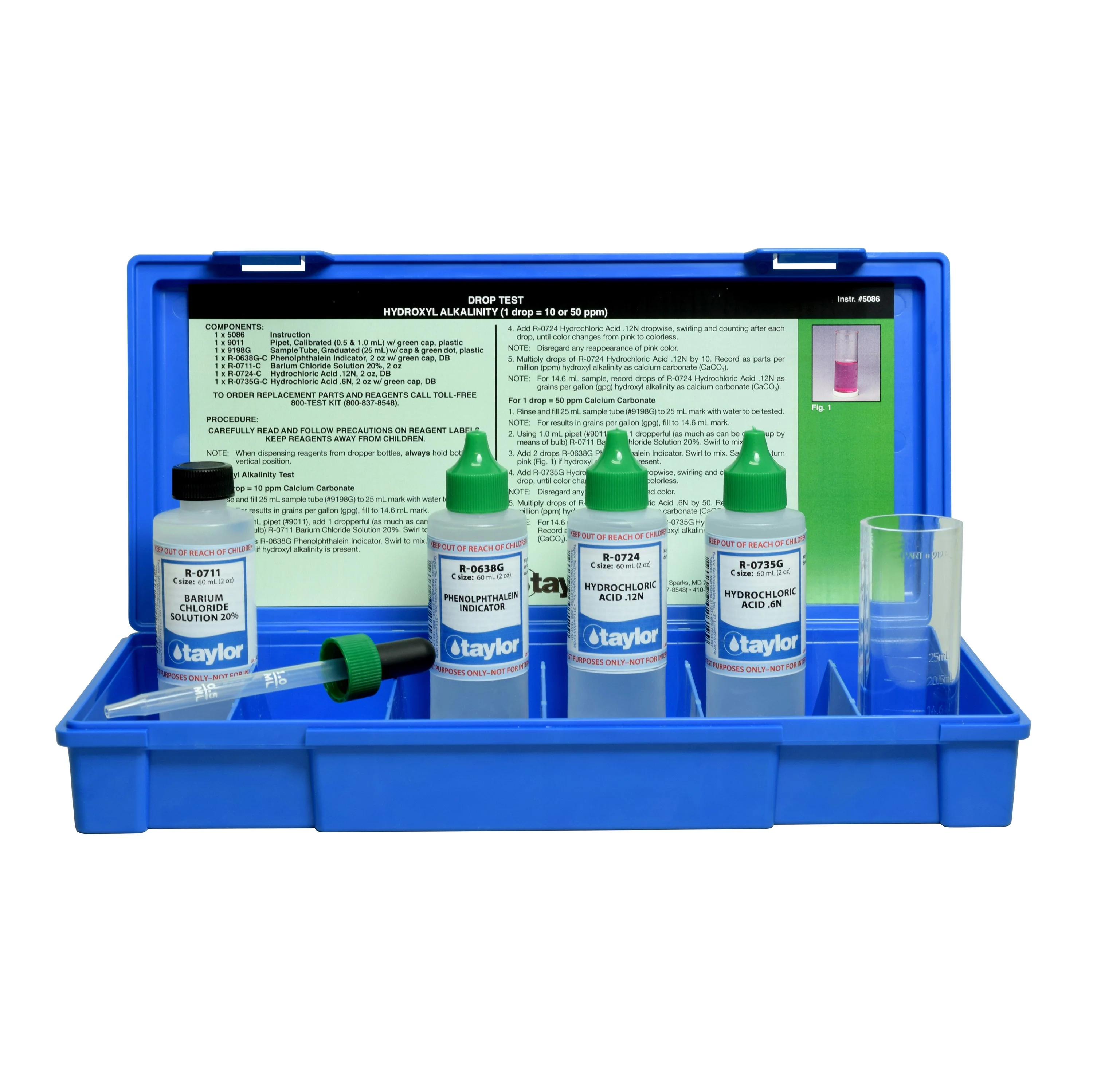 Drop Test, Alkalinity (hydroxyl), Phenolphthalein, 1 drop = 10 or 50 ppm