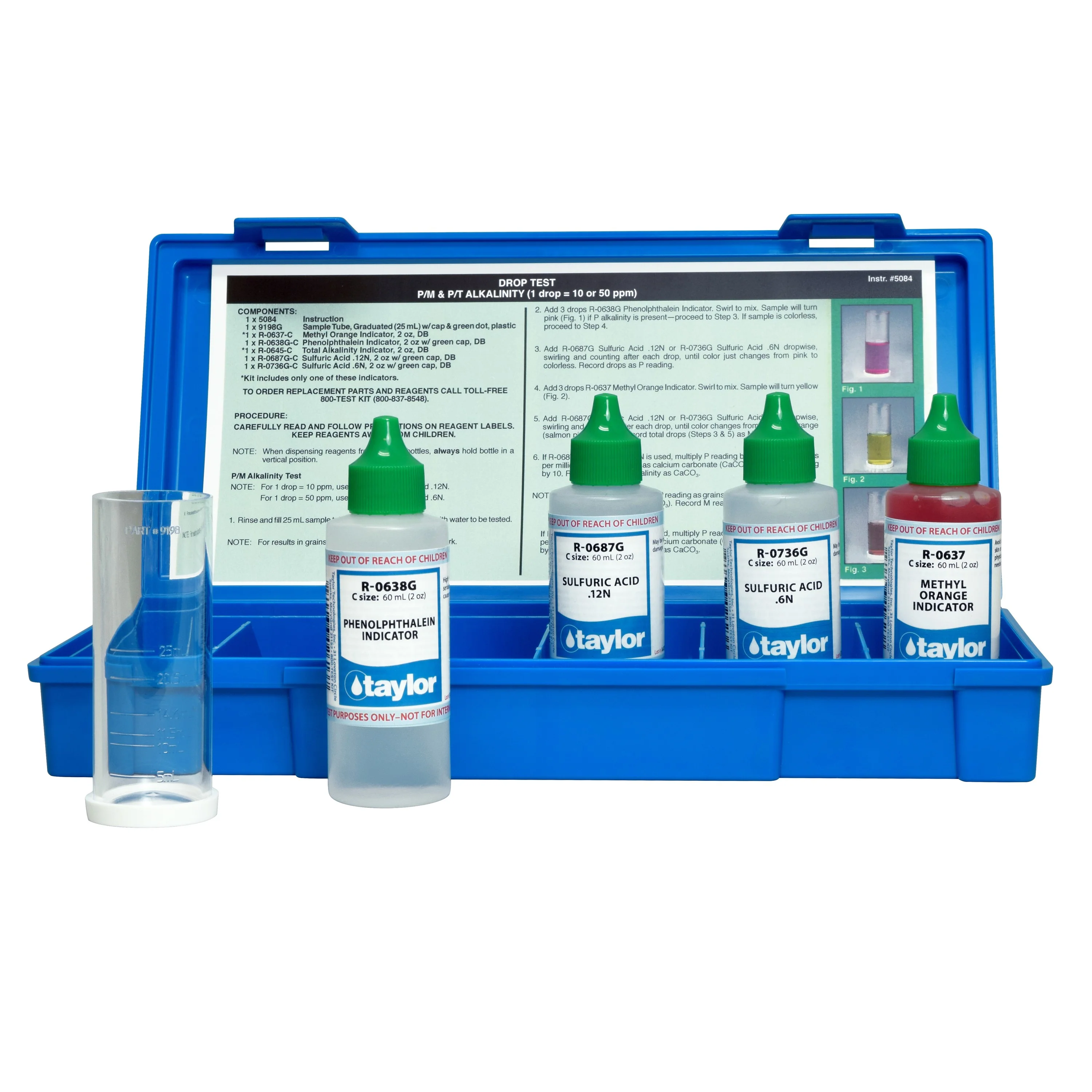 Drop Test, Alkalinity (P/M), Phenolphthalein/Methyl Orange (using H₂SO₄), 1 drop = 10 or 50 ppm