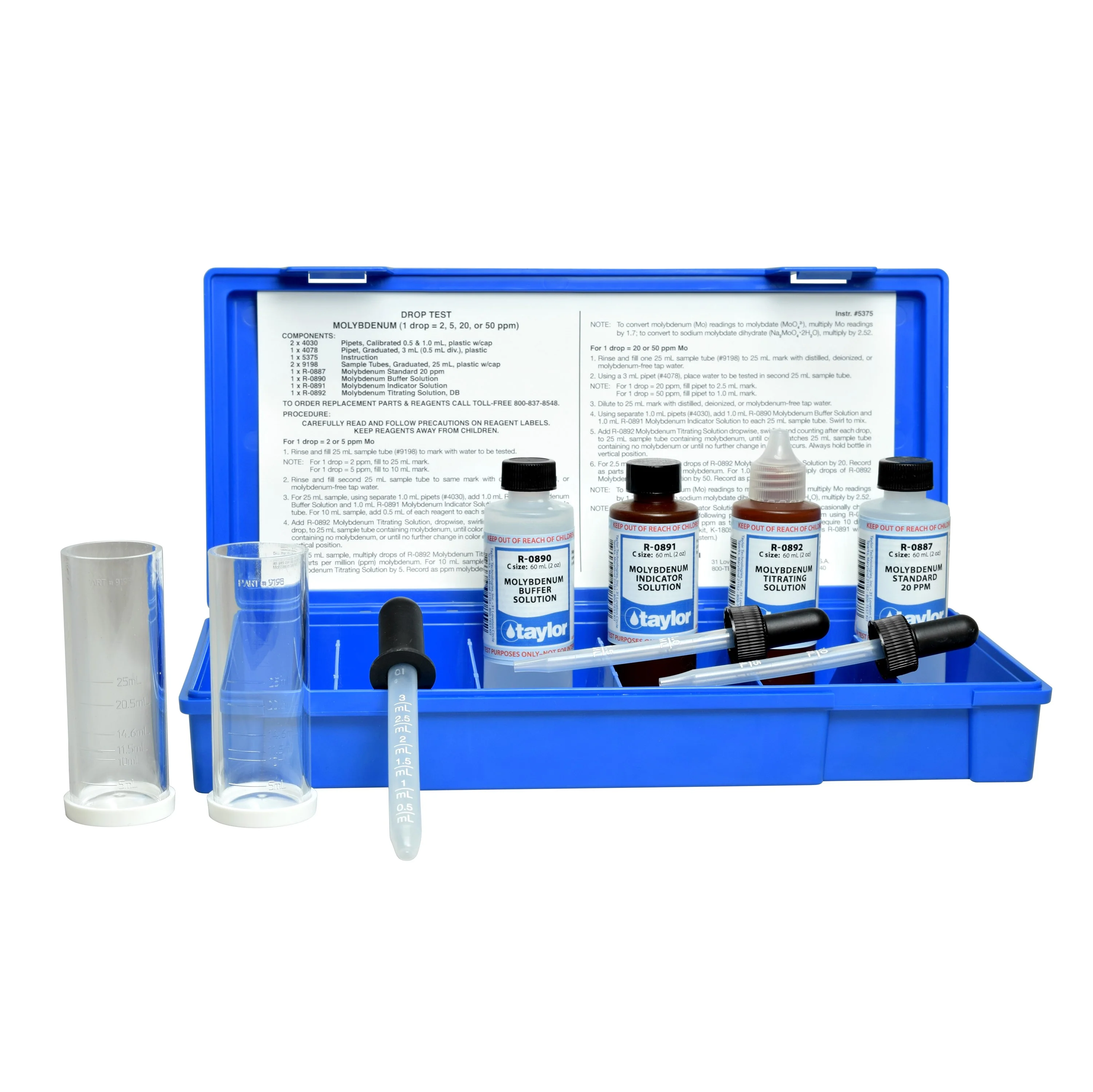 Drop Test, Molybdenum, Complexometric, 1 drop = 2, 5, 20, or 50 ppm (<6 month shelf life)