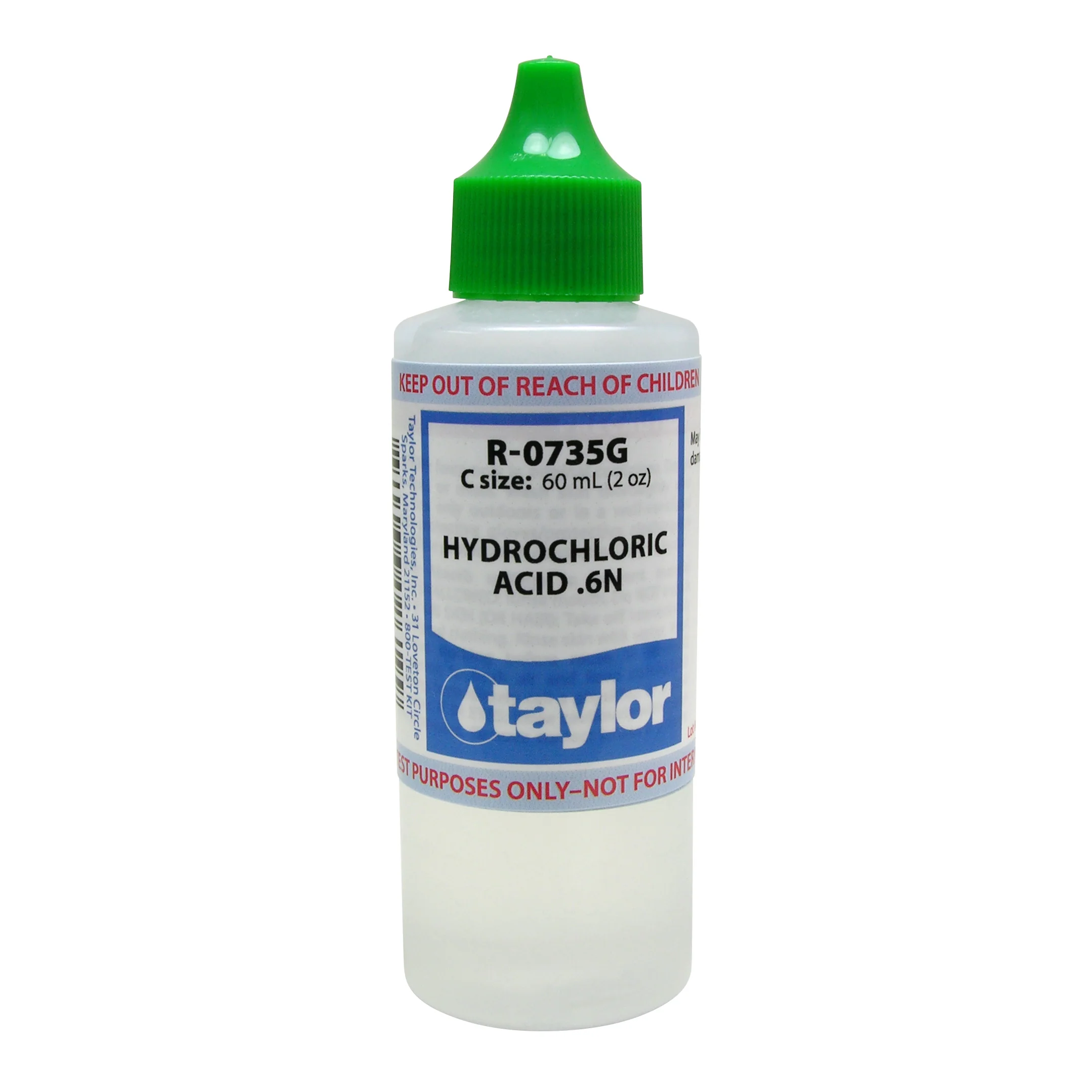 Hydrochloric Acid .6N, 2 oz w/ green cap, Dropper Bottle